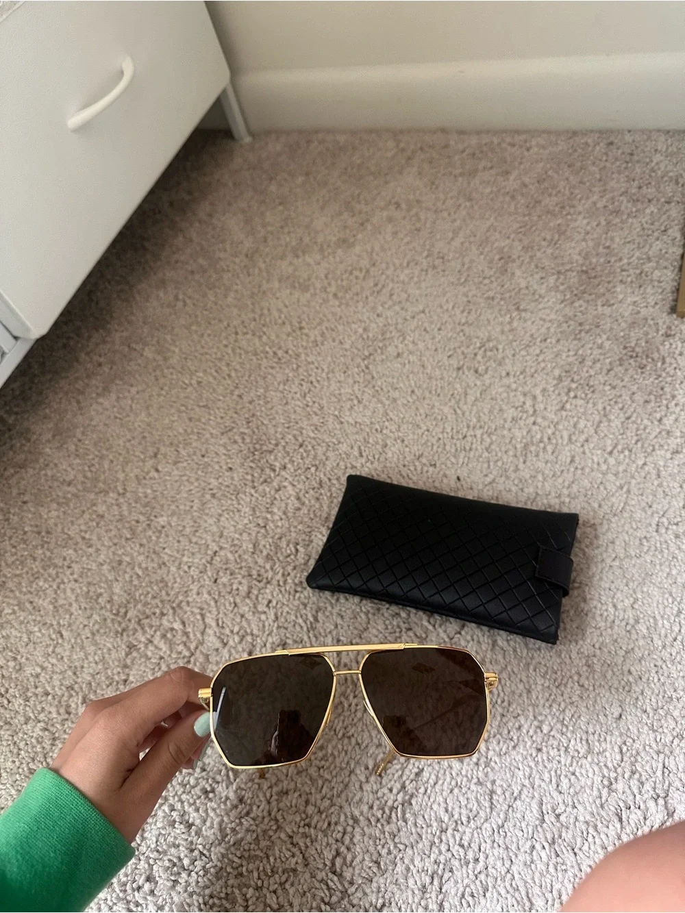 Bottega Veneta Gold Frame Brown Lens Square Aviator Sunglasses